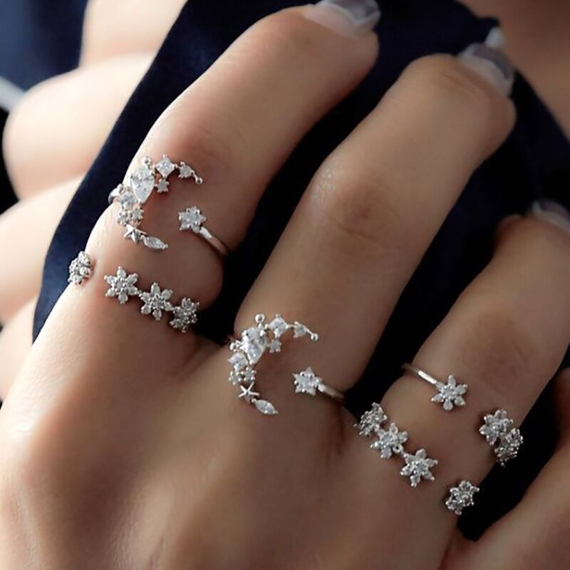 Noteful Love™ Star & Moon Crystal Ring Set – Celestial Diamond-Style Rings